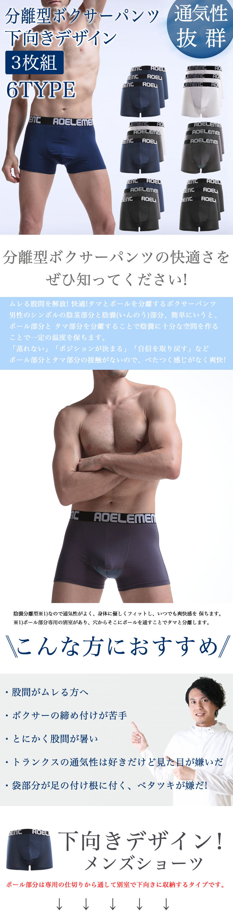 3点 まとめ商品 日本国内発送】下向きデザインの陰嚢分離型メンズ・ボクサー