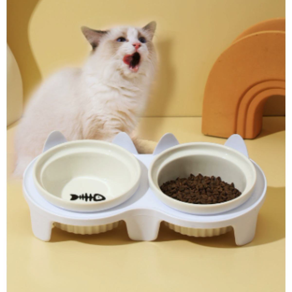 猫用食器｜セラム製・15°斜口・猫の首を守る・ペットボウル・取り外し・ダブルボウルデザイン|undefined