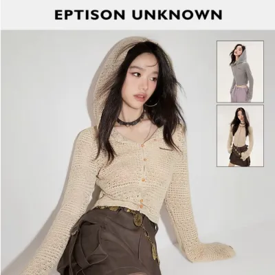 EPTISON毛編みセーター 女性 2024年春の新作  ショートでフィット感のある 透かし模様 フードつき トップス