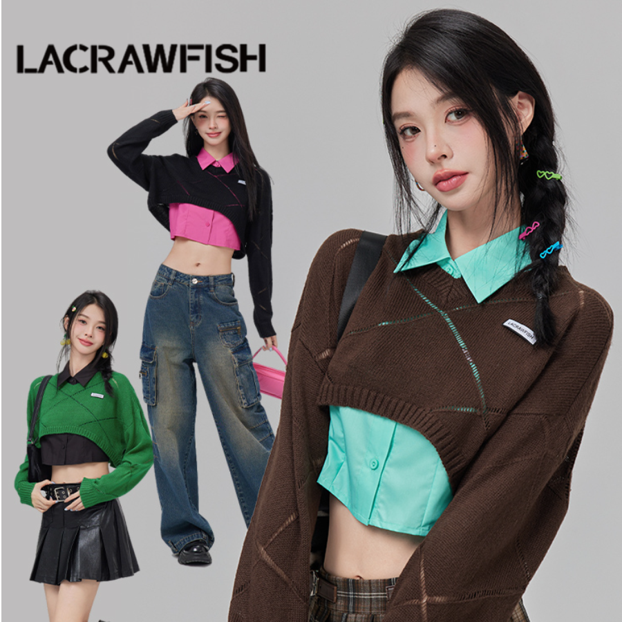 LA CRAWFISH セーター｜レース編み・クロップトップ・ウエスト露出・セーター・女性用・春夏・ショートトップス・服|undefined