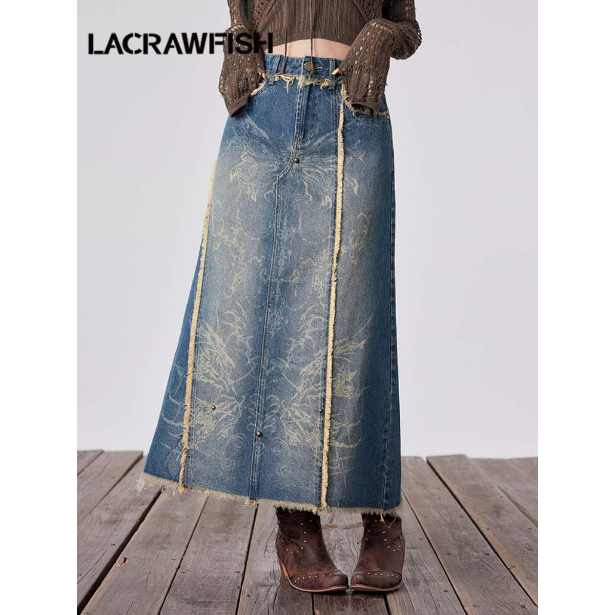 LA CRAWFISHスカート｜レトロ・ウォッシュ・フリンジ・デニム・ミニスカート・服|undefined