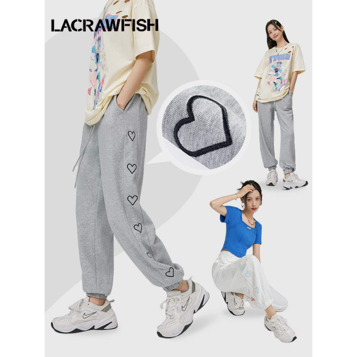 LA CRAWFISHズボン｜運動風・刺繍・カジュアル・パンツ・2024新作・ゆったり・ハイウエスト・足首ゴムパンツ・女性用|undefined