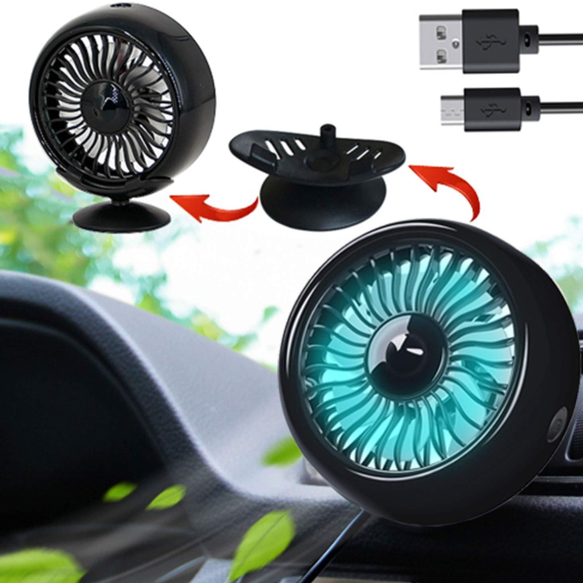 LEDライト車載扇風機｜カー用品・熱中症対策・エアコンの吹き出し口用・角度調整可能・ 3段階風量調節・携帯に便利|undefined