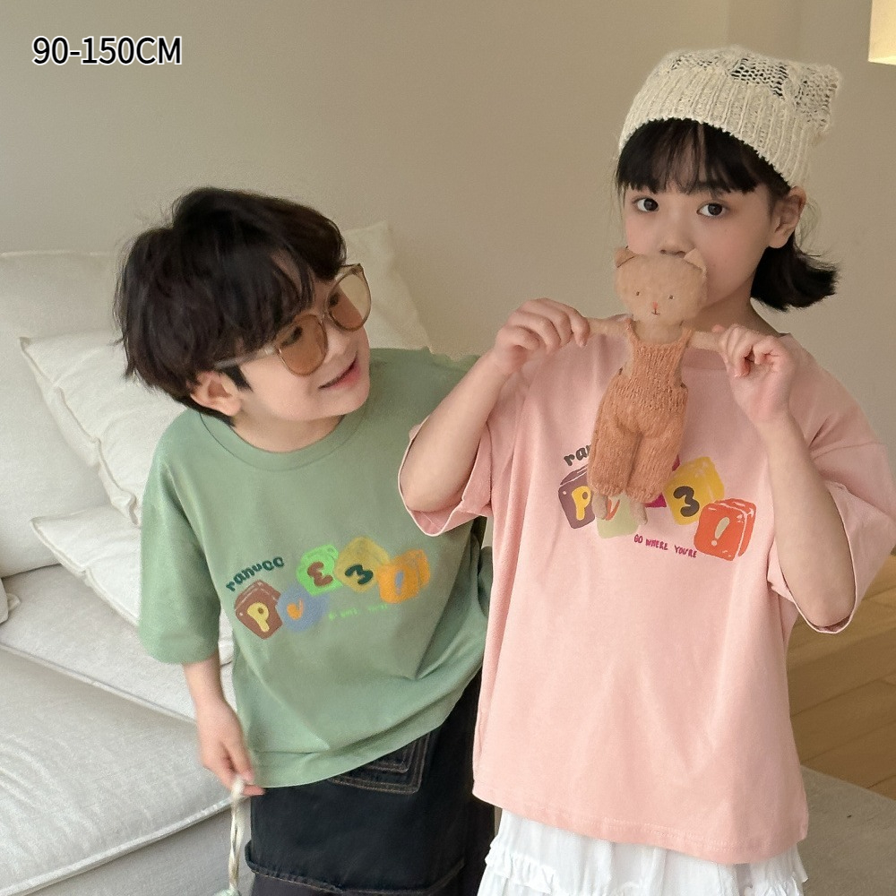 子供Tシャツ｜2024夏・女の子用・韓国風・アルファベット・ボックス柄・半袖・カジュアル・丸首・ゆったり・短袖|undefined