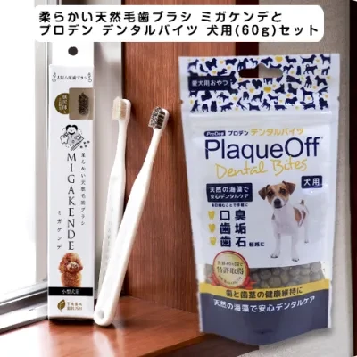 ペットスタジオ 歯磨きセット｜柔らかい天然毛歯ブラシ ミガケンデ× プロデン デンタルバイツ 犬用(60g)セット・歯垢・歯石予防に・日本製