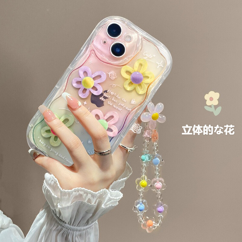 iPhone用スマホケース｜iPhone14promax・13/15対応・カラフル・立体的な花・チェーン・透明シリコン・ハンドチェーン付き|undefined