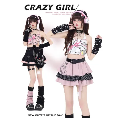 『CRAZYGIRL』『単品』キャミソール｜Y2K・猫柄・プリント・グラフィティ・かわいい・ピンク・2024夏新作・人気・ノースリーブ・女性・レーディス・服