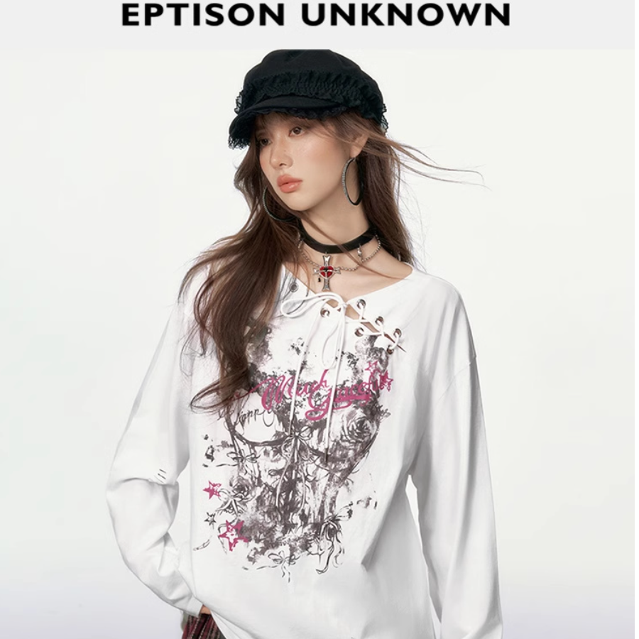 EPTISONシャツ｜長袖Tシャツ・2024年秋新作・ゆったり・ユニークなプリント・リボンデザイン・コットン・甘辛スタイル|undefined