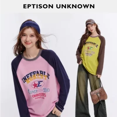 
EPTISON長袖Tシャツ・2024年秋新作・レトロ・アメリカン・カレッジスタイル・ラグランスリーブ・ゆったり・コットン・トップス