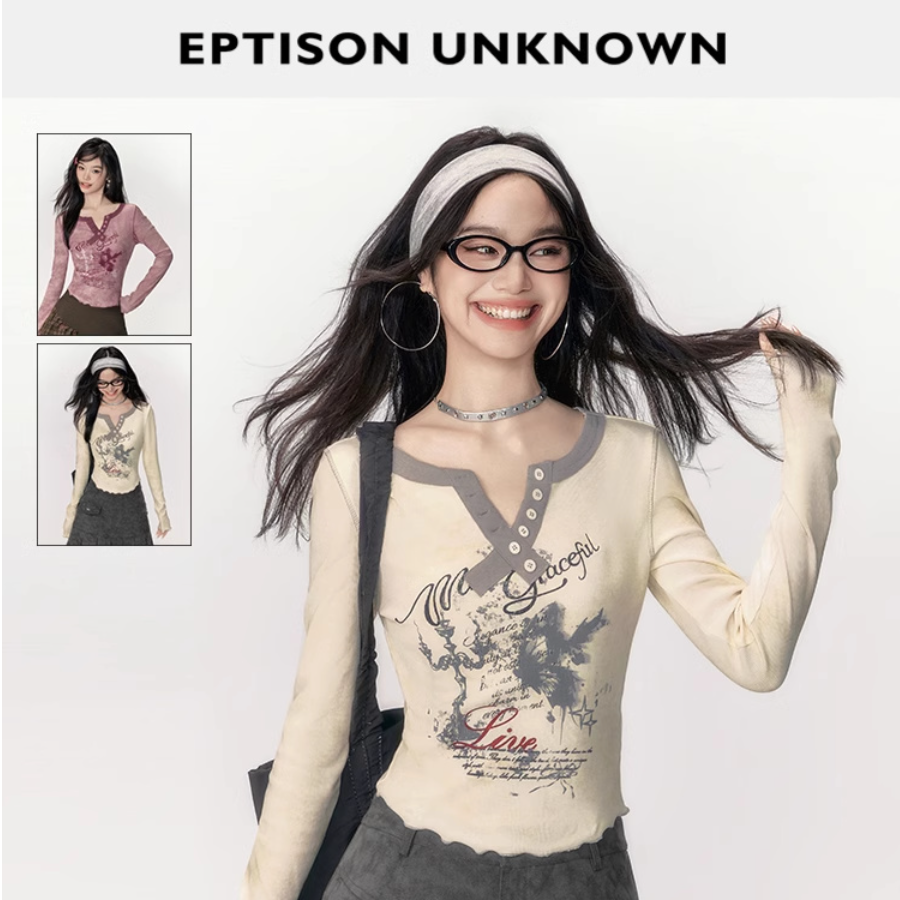 【インフルエンサーおすすめ】EPTISONTシャツ｜新作・スリムフィット・ショート丈・レトロ・プリント・Vネック・デザイン|undefined