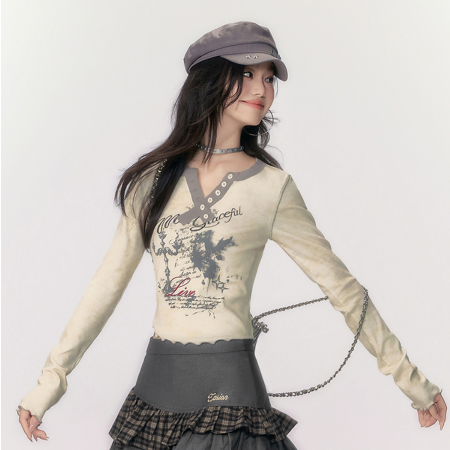 【インフルエンサーおすすめ】EPTISONTシャツ｜新作・スリムフィット・ショート丈・レトロ・プリント・Vネック・デザイン|undefined