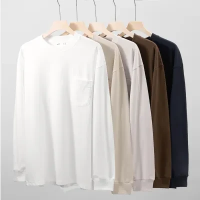 Tシャツ｜トップス・秋冬・240gコットン・プルオーバー・無地・ポケット・長袖・ラウンドネック・インナー