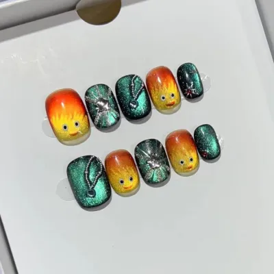 ネイルチップ｜手作り・カルシファー・手描き・着用ネイル・かわいい・小悪魔・マグネット・四つ星・スチールビーズ
