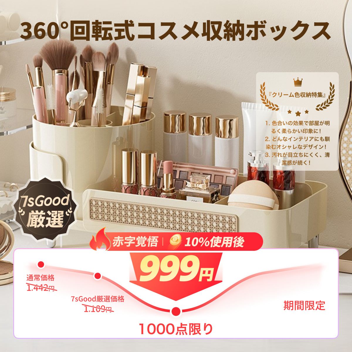 PH HOME 化粧品収納ボックス｜高級感・デスクトップ・回転式・仕切り付き・ペン立て・ドレッサー・大容量・多機能|undefined