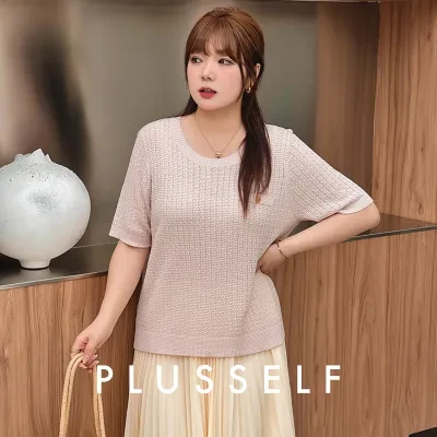 PLUSSELF トップス｜大きいサイズ・ラウンドネック・薄手ニット・半袖Tシャツ・夏新作・着痩せ・上品・おしゃれ