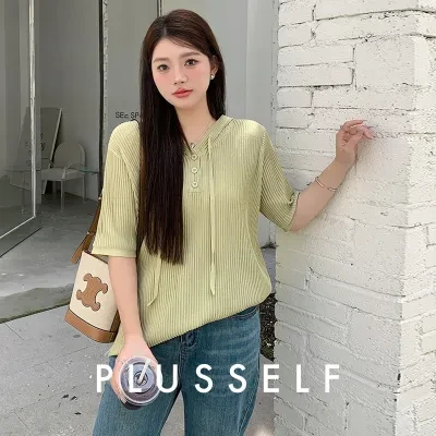 PLUSSELF トップス｜大きいサイズ・Vネック・フード付き・アイスシルク・ゆったり・ニット・半袖・体型カバー・着痩せ