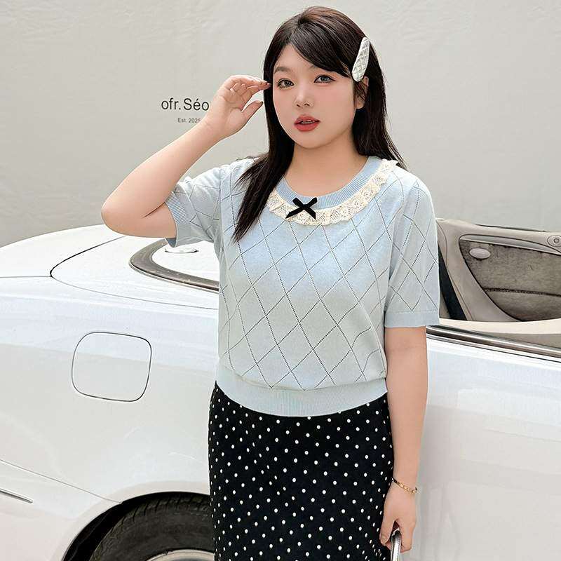 トップス｜大きいサイズ・レディース・レース・花柄・蝶結び・丸首・ニット・半袖Tシャツ・夏服・ぽっちゃりさん向き・可愛い・フェミニン|undefined