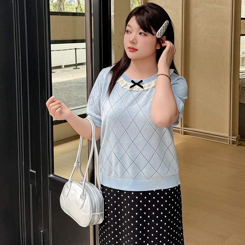 トップス｜大きいサイズ・レディース・レース・花柄・蝶結び・丸首・ニット・半袖Tシャツ・夏服・ぽっちゃりさん向き・可愛い・フェミニン|undefined
