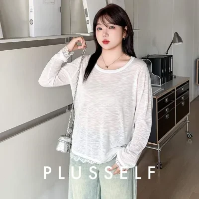 トップス｜大きいサイズ・ラウンドネック・薄手・レディース・レース・ニット・春・夏・ゆったり・インナー・体型カバー・着痩せ・フェミニン