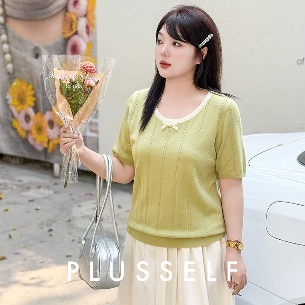トップス｜大きいサイズ・レディース・ラウンドネック・デザインニット・配色・半袖Tシャツ・ゆったり・体型カバー・2025夏・おしゃれ|undefined