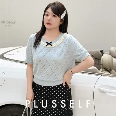 トップス｜大きいサイズ・レディース・レース・花柄・蝶結び・丸首・ニット・半袖Tシャツ・夏服・ぽっちゃりさん向き・可愛い・フェミニン