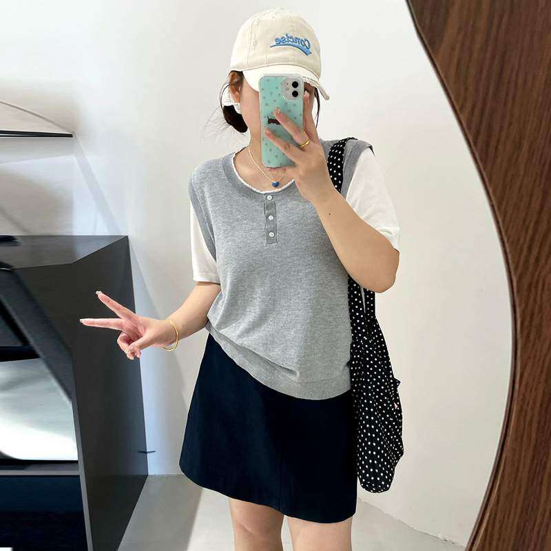 トップス｜大きいサイズ・レディース・学院風・カジュアル・配色・ニット・半袖Tシャツ・2025夏・ゆったり・体型カバー・おしゃれ|undefined