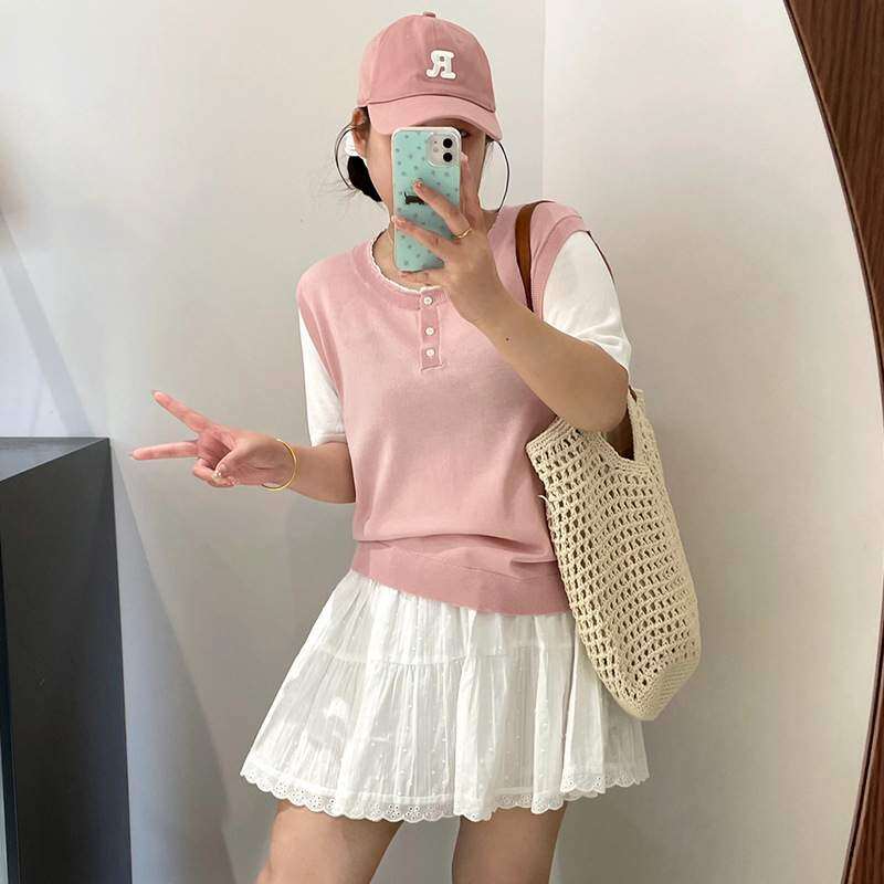 トップス｜大きいサイズ・レディース・学院風・カジュアル・配色・ニット・半袖Tシャツ・2025夏・ゆったり・体型カバー・おしゃれ|undefined