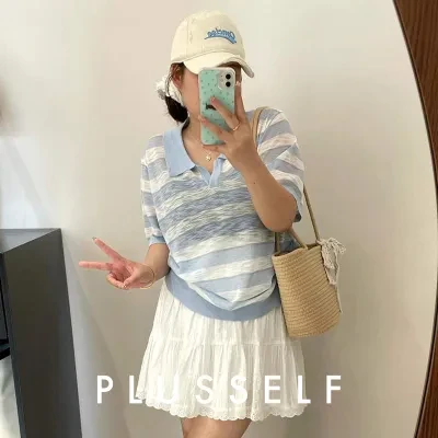 トップス｜大きいサイズ・レディース・ボーダー柄・ポロネック・ニット・半袖Tシャツ・2025夏新作・着痩せ・体型カバー・ゆったり