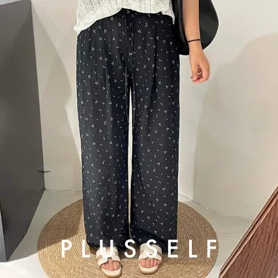 ボトムス｜大きいサイズ・レディース・薄手・ストレートパンツ・ドレープ感・フルレングス・花柄・ワイドレッグ・2025夏・体型カバー・おしゃれ