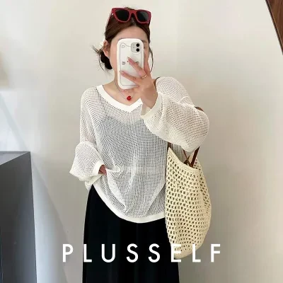 トップス｜大きいサイズ・レディース・Vネック・長袖Tシャツ・ニット・夏・ゆったり・体型カバー・着痩せ