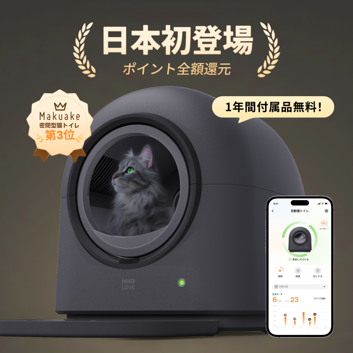 【日本初登場】HHOLOVE 自動猫トイレ Pro L1 ダークグレー\MakuakeカテゴリTOP 3/全額ポイント還元・1年間付属品無料｜最新スマート猫トイレ｜全自動清掃｜スマホ遠隔操作iOS/Android対応｜自動脱臭｜多頭飼い対応｜日本語説明書付き｜1年保証｜国内発送|undefined