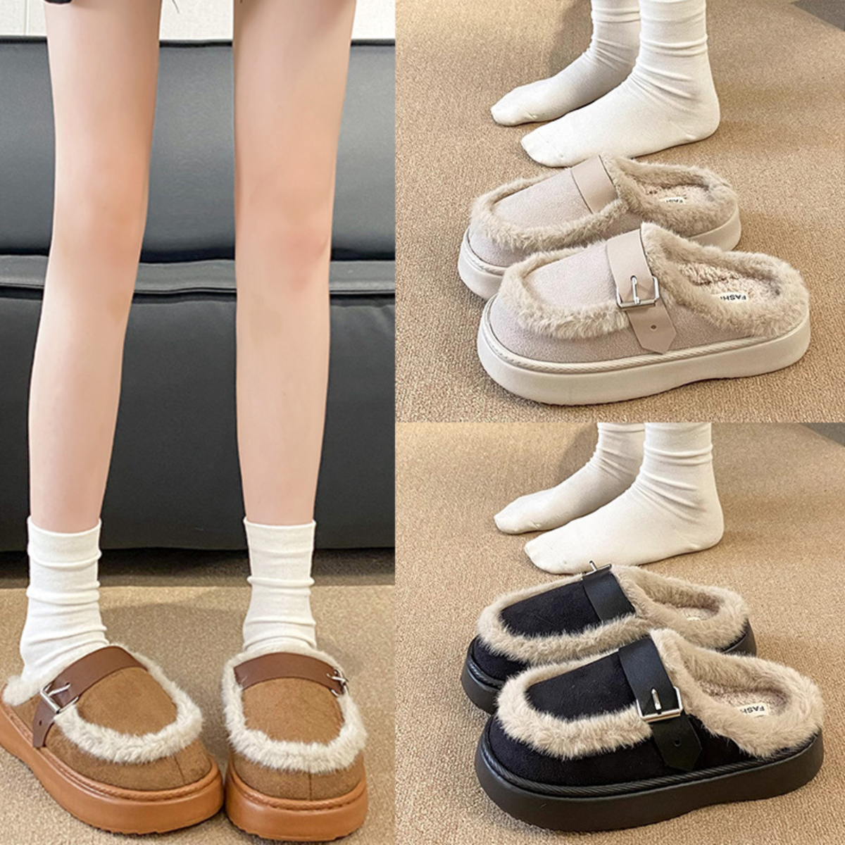 スリッパ｜厚底・ベルクロファー付き・女性用・外履き・防滑・保温、冬用加毛・加厚・室内用|undefined