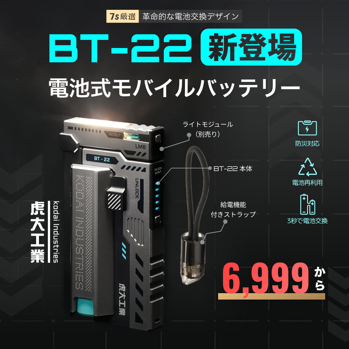 【虎大工業】BT-22電池式モバイルバッテリー｜国内唯一正規取扱店・リチウム電池・電池交換デザイン・乾電池式 ・防災グッズ・急速充電22W・バッテリー残量表示・ 21700/20700対応・ライト付き・PSE認証済み・多重保護・機内持ち込み可・iPhone/Android対応|undefined
