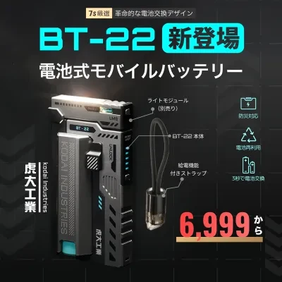 【虎大工業】BT-22電池式モバイルバッテリー｜国内唯一正規取扱店・リチウム電池・電池交換デザイン・乾電池式 ・防災グッズ・急速充電22W・バッテリー残量表示・ 21700/20700対応・ライト付き・PSE認証済み・多重保護・機内持ち込み可・iPhone/Android対応