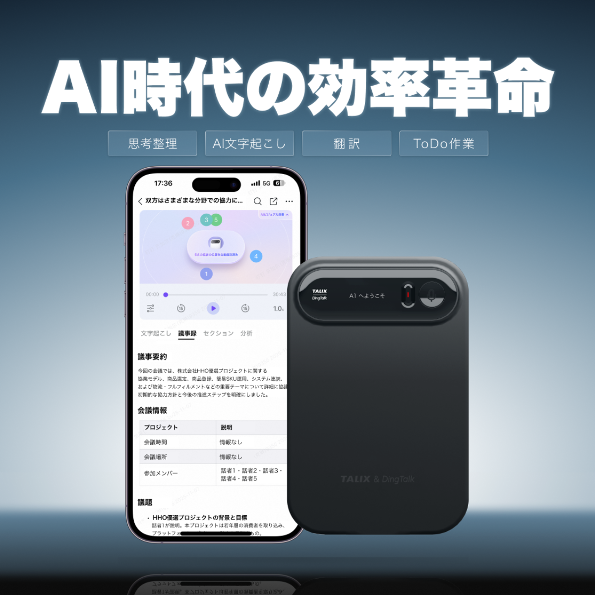 TALIX & DingTalk A1
AIアシスタント・ボイスレコーダー・通話録音・クリアに通訳・議事録・ToDo作業ーーAI時代の効率革命|undefined