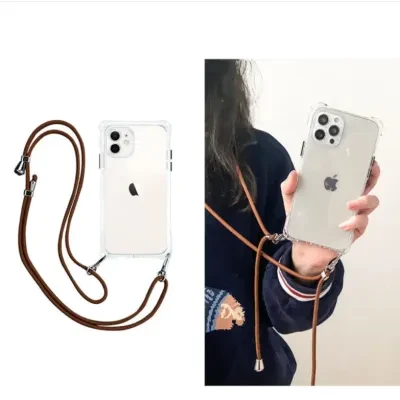 四角にバンパー＆ストラップホール付きクリアiPhoneスマホケース｜縦or横or斜めはお好みに選ぶ可能