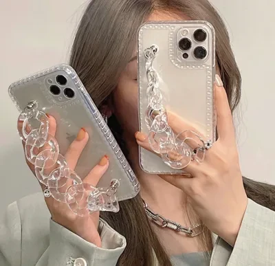 ワクワク広場 インスタ風チェーンストラップ付きクリアiPhoneスマホケース｜ハート柄たっぷりでキュート！