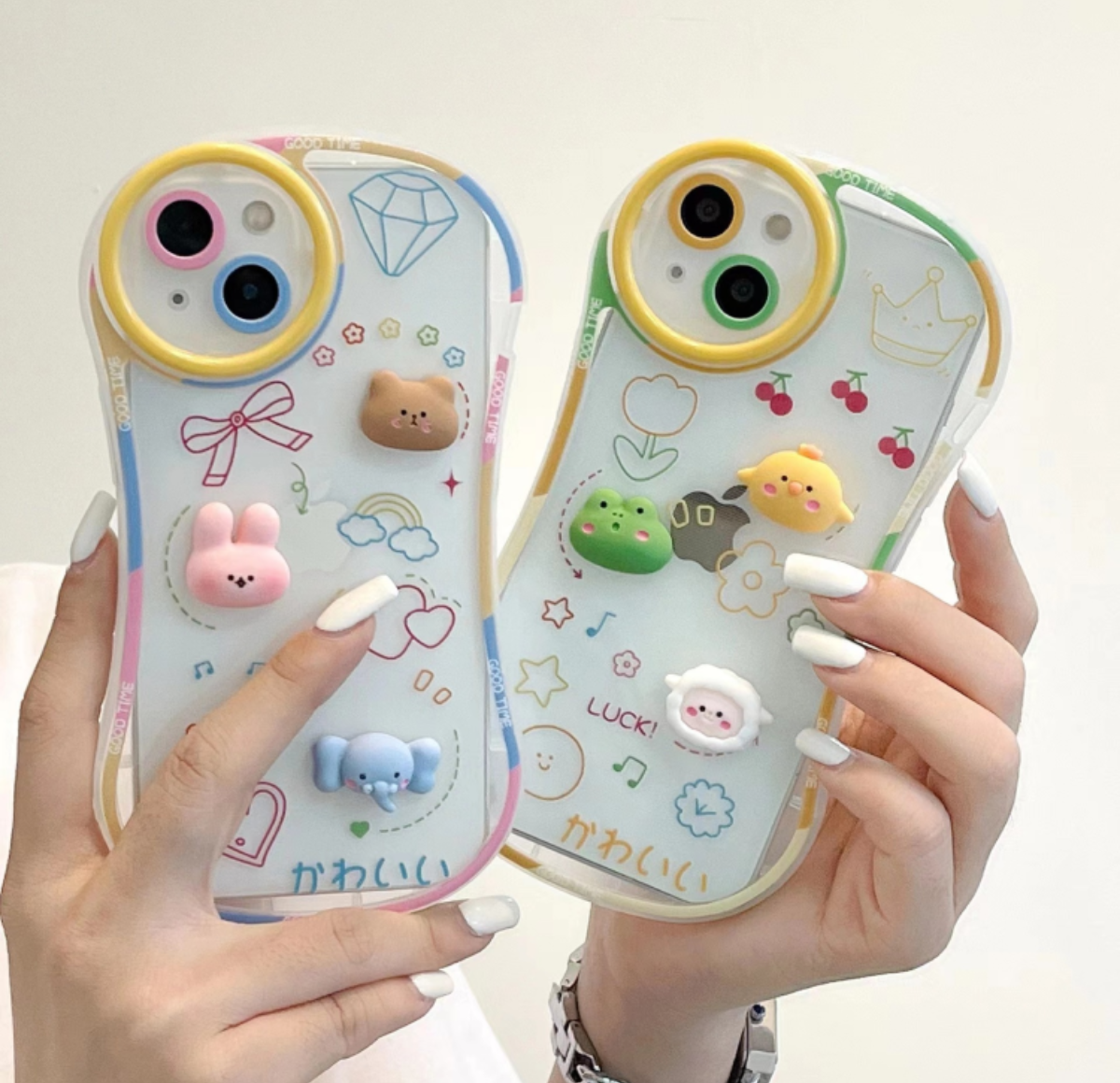 【くびれ】韓国っぽミニチュア可愛い動物飾り付きクリアハードiPhoneスマホケース｜まるでキャンディーのような配色！ 心がとけちゃう！