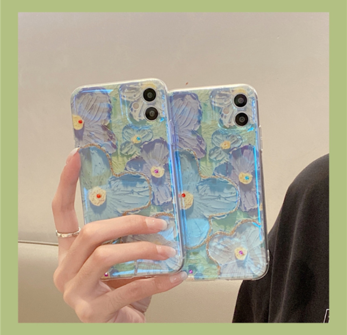 油絵風フラワーモチーフのクリスタル飾り付き薄型iPhoneスマホケース｜オシャレな柄でキラキラ！