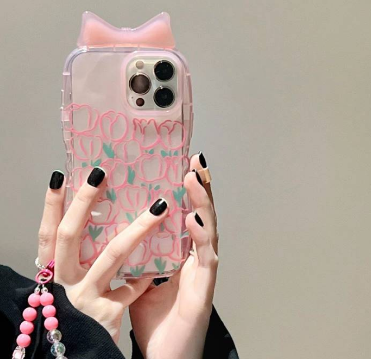 【インスタ風】リボン付きピンク系チューリップ柄のiPhoneスマホケース｜可愛いストラップも付、透明とピュアカラータイプが選択可！