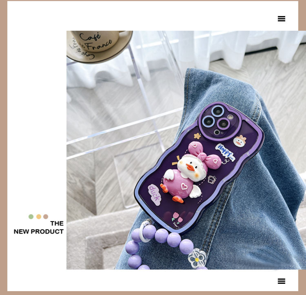【インスタ風】立体可愛いアヒルちゃんiPhone対応スマホケース｜紫ストラップ付き|undefined