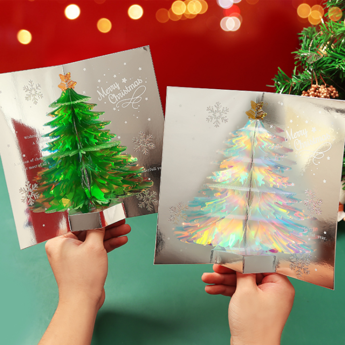 『ポップアップカード』綺麗すぎるクリスマスの木｜ホログラムハニカム型、キラキラ立体カード