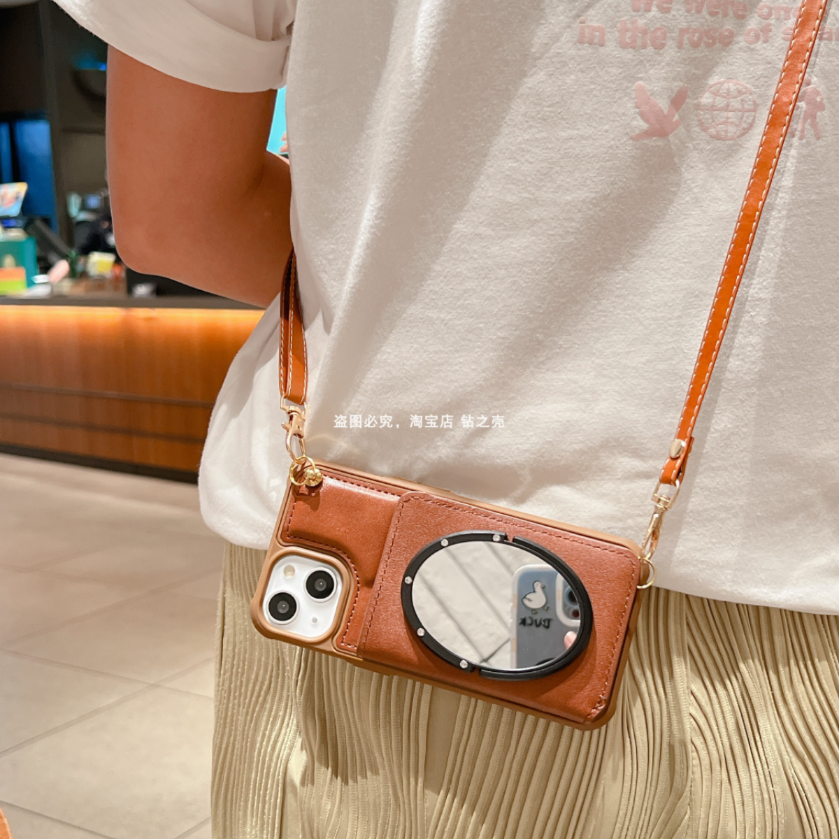 「レザー風・ストラップ付き・鏡付き」 手帳型iPhone対応スマホケース（14も対応） ｜斜めかけでき、のんびりと散歩しよう|undefined