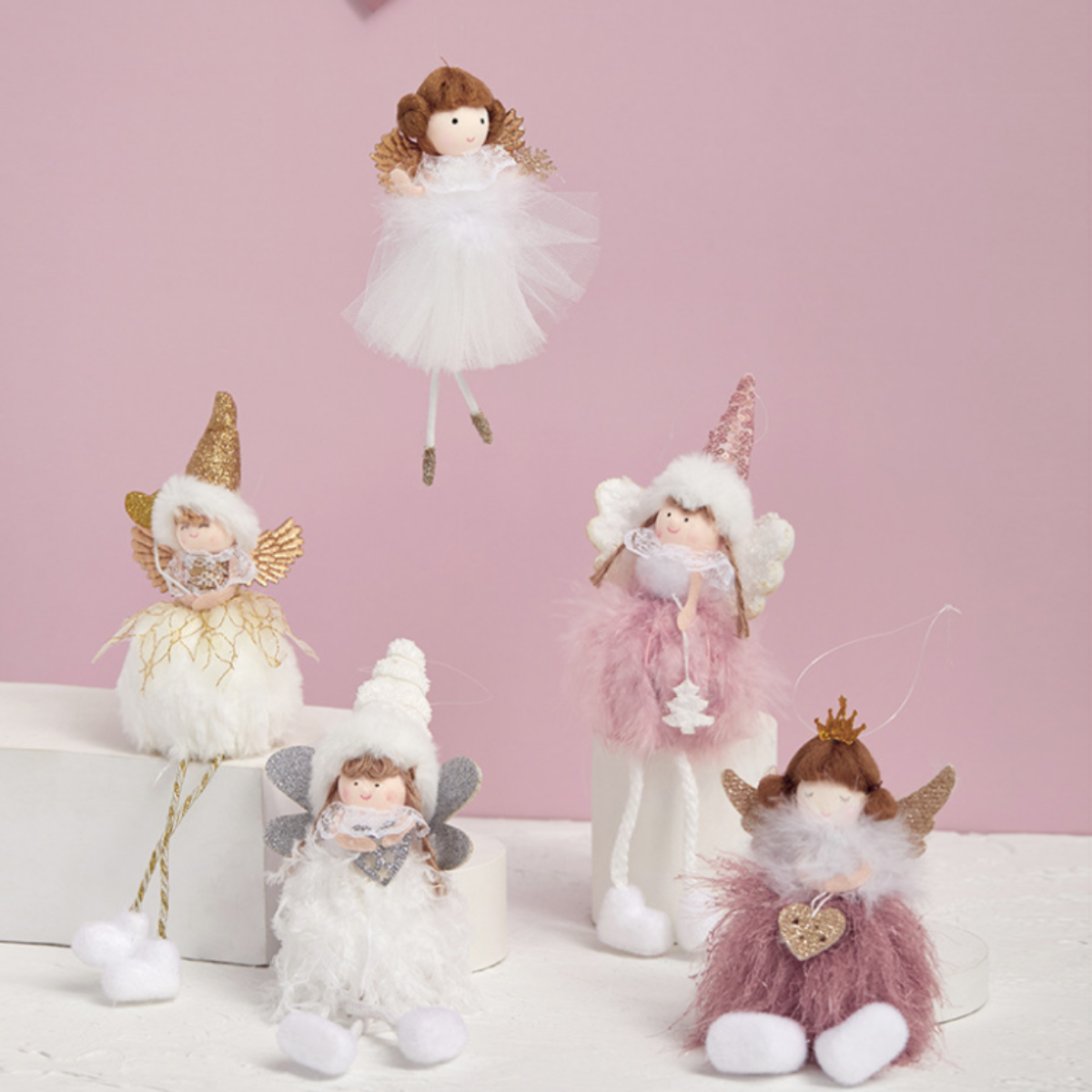 『クリスマス飾り』天使ガールズペンダント（２点セット）｜ふわふわピンク系、ぬいぐるみ風の飾りはクリスマスツリーデコレーションに適用！|undefined
