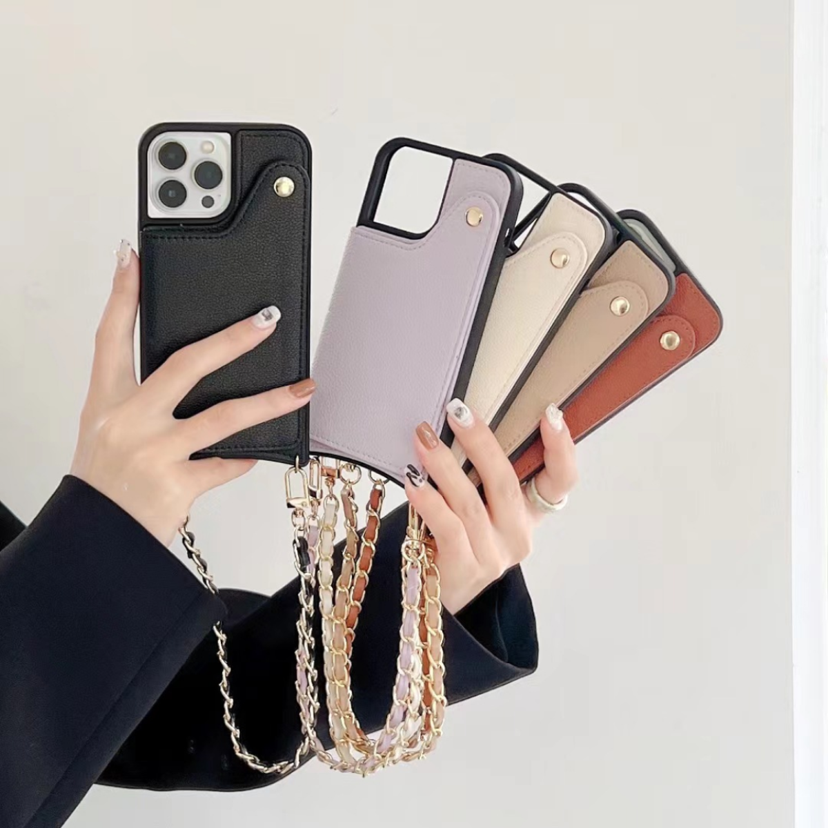 「レザー風・多機能」 iPhone対応スマホケース ｜腕掛けのストラップ付き|undefined