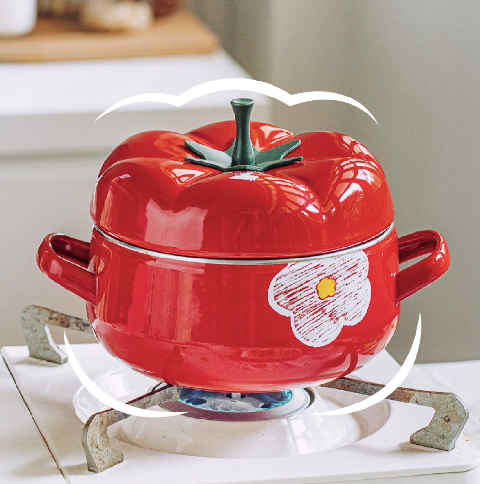 樹可】「トマト」形蓋つき両手鍋（5L）｜ユニークな設計 琺瑯製 ガス火
