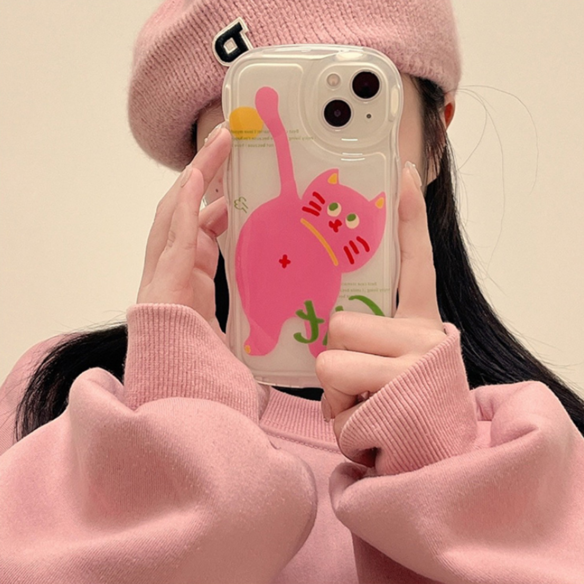 ピンクのニャンコスマホケース｜面白い波形のケース、落下防止|undefined