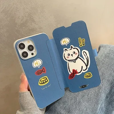 手帳型 白猫 iPhoneケース カード入れなし丨かわいい手帳型ケース☆プレゼントなどにも最適！