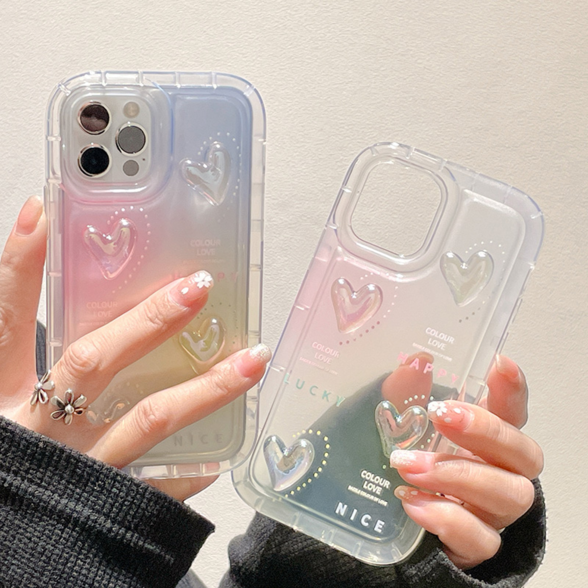 立体ハート柄 虹色のスマホケース丨弾力がある柔らかいTPU素材を使用しているため、簡単に着脱可能|undefined