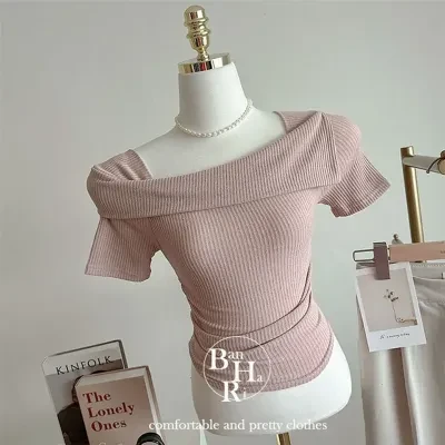 （4カラー！）アンバランス カラー オフショルダー リブ スリム 横シャーリング 無地 半袖Tシャツ